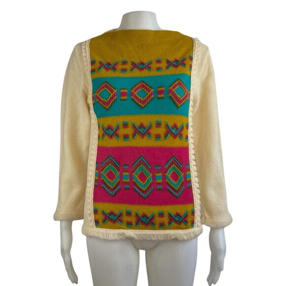 Vintage Embroidered Wool Sweater Size XS 1970s Knit Fringe Trim Southwestern - Picture 5 of 5